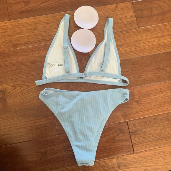 SHEIN Baby Blue Rib Triangle High Cut Bikini Swimsuit Size Large (8/10/12) NEW! - Picture 3 of 10